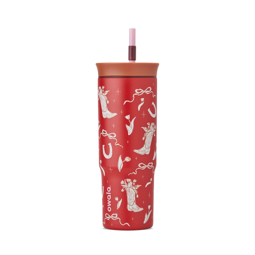 Owala Birthday Bash Marlu Giddy Up 24oz Tumbler in deep red with cream illustrated cowboy boots, horseshoes, ribbons, and stars, terracotta lid, and pink straw